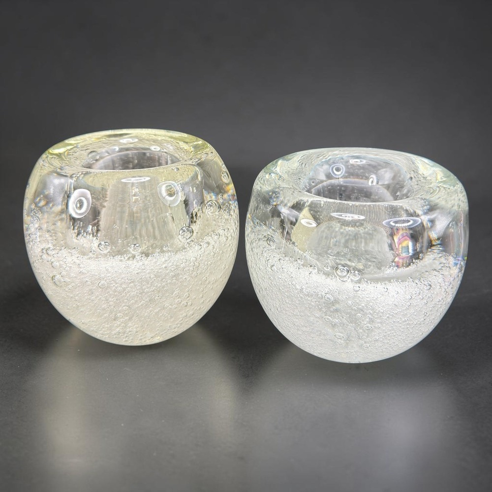 Set of 2 Heavy Art Glass Controlled Bubble Votive Candle Holders Clear Thick VTG